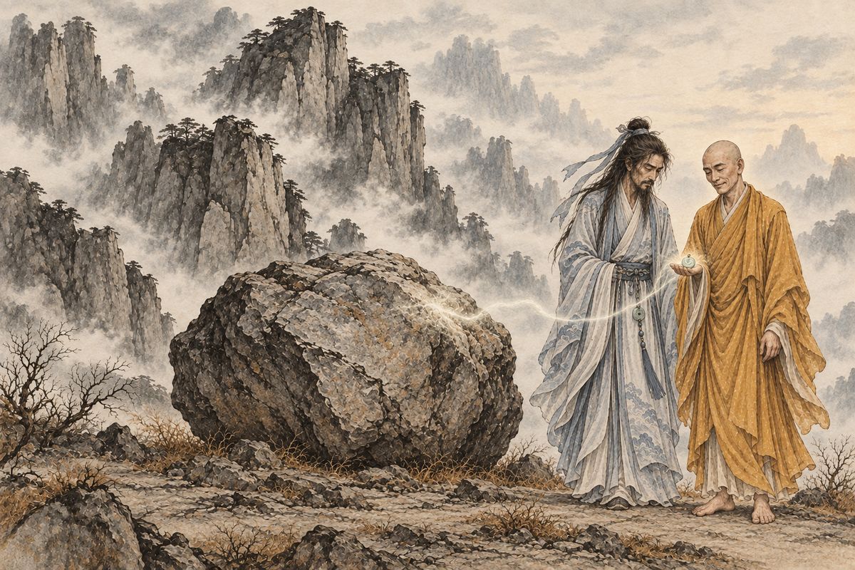 When the goddess Nüwa mended the sky, she forged 36,501 stones and used all but one, leaving it at Greensickness Peak. The stone grieved its uselessness. It begged a passing monk and Taoist to take it into the world. They warned that earthly joys end as a dream. Then they shrank it into a small bright jade and carried it away.