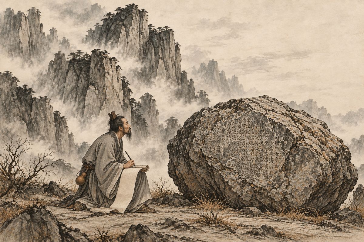 Countless ages later the Reverend Void passed the peak. He found the great stone carved all over with its own story: a stone unfit to mend the sky, carried into the world to live through partings, reunions and changing fortunes. He copied it from beginning to end. He renamed himself Brother Amor, and much later Cao Xueqin revised the book over ten years.