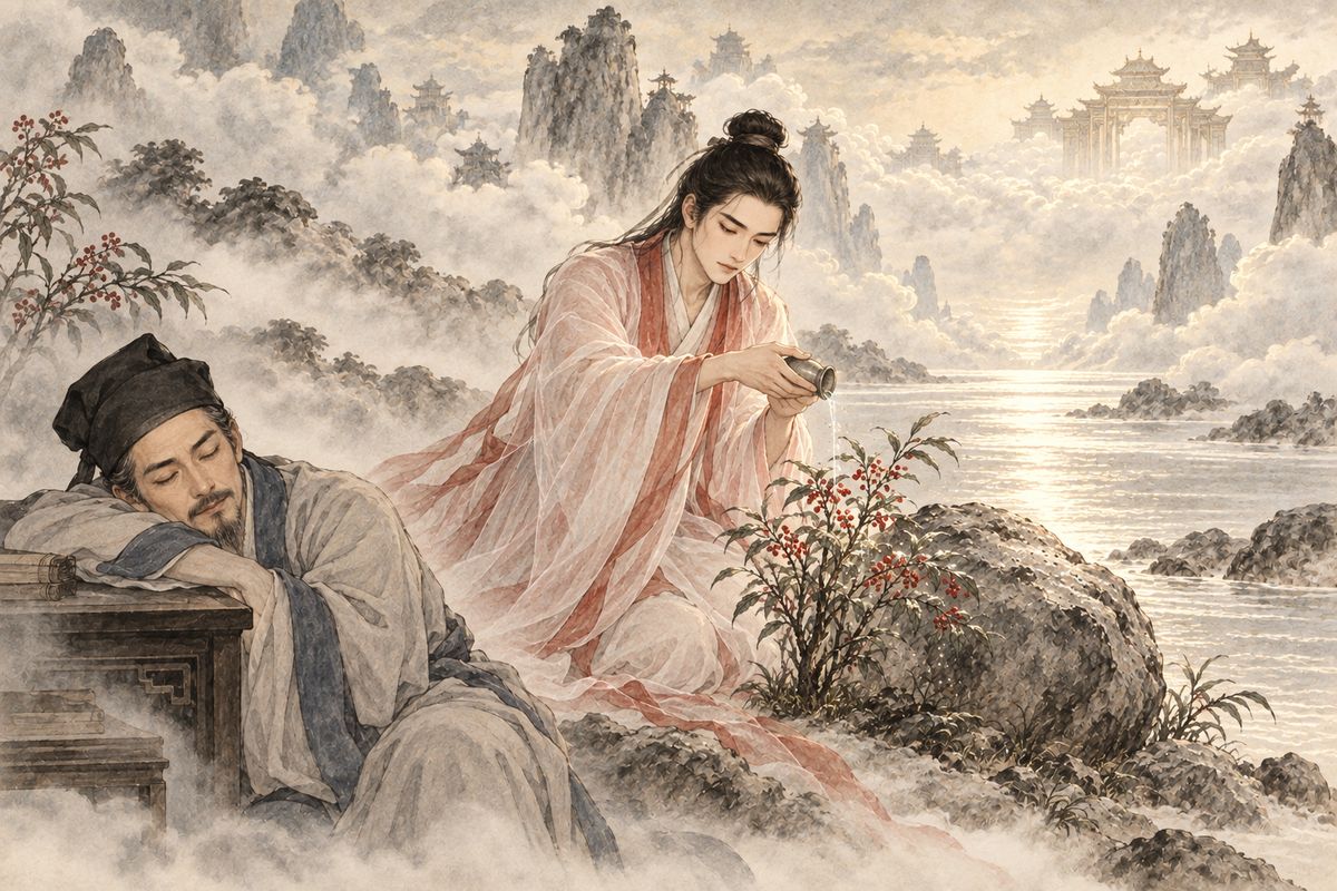 One long summer afternoon, Zhen Shiyin dozed over his books and dreamed. He heard the monk tell of a Crimson Pearl Flower by the Spirit River. A divine attendant had kept it alive with sweet dew until it became a fairy girl. Now he was going down to be born a man, and she swore to follow and repay him with a lifetime of tears.