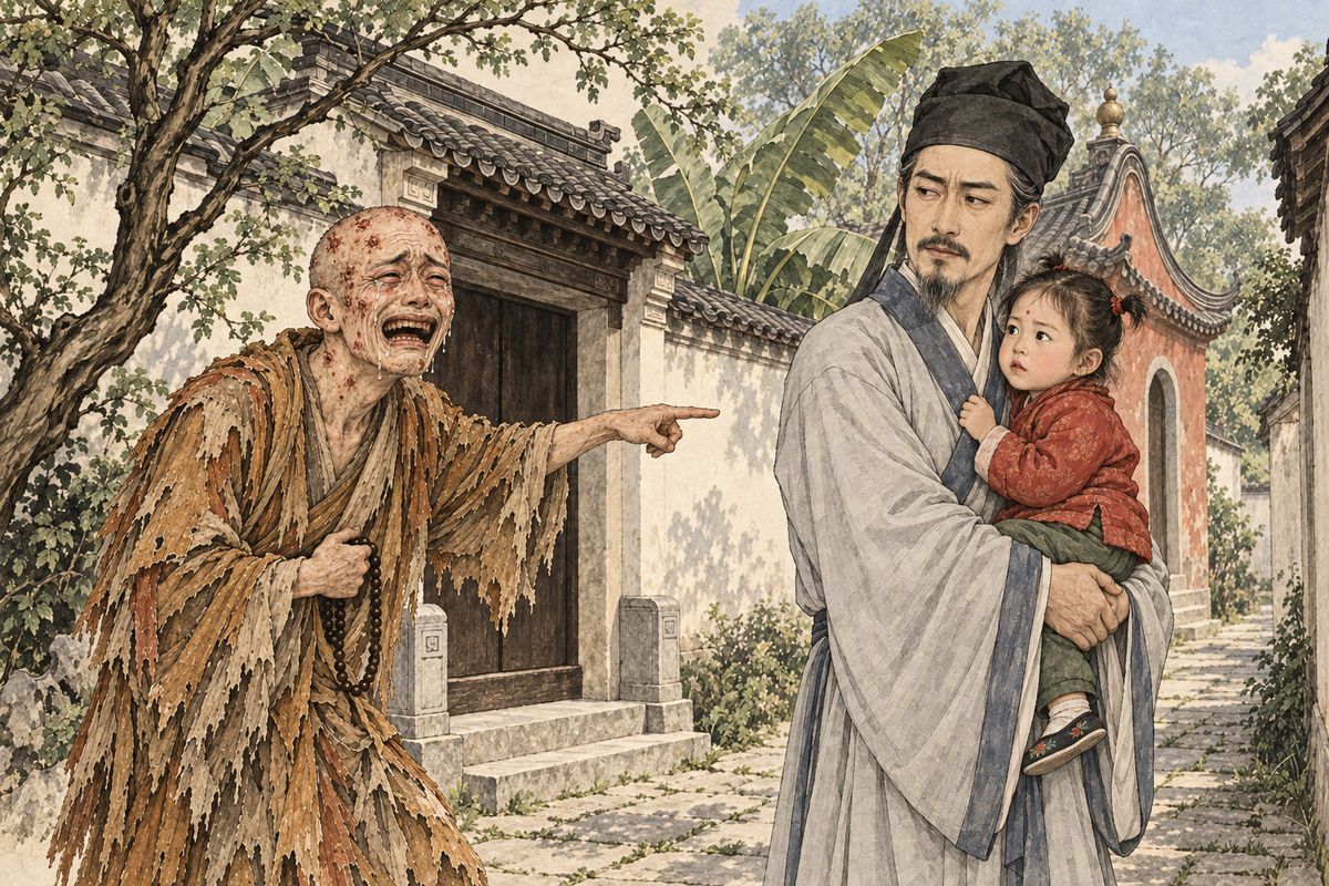 In the dream Shiyin glimpsed the jade before the monk snatched it back and passed into the Land of Illusion. A thunderclap woke him. Later, holding his three-year-old daughter Yinglian at the gate, he saw the pair again, now as a scabby monk and a lame Taoist. The monk burst into tears: 'Why hold this ill-fated creature in your arms?'