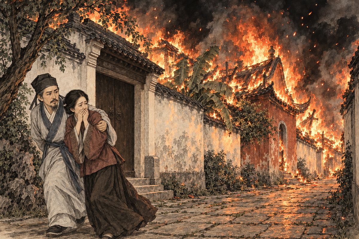 On the fifteenth of the third month, oil caught fire in the Gourd Temple kitchen. The flames leapt from paper windows to bamboo fences and burned the whole street through the night. The Zhen house next door was left as rubble, though the family and a few servants got out alive. Bandits then overran the countryside, so Shiyin sold his farm.