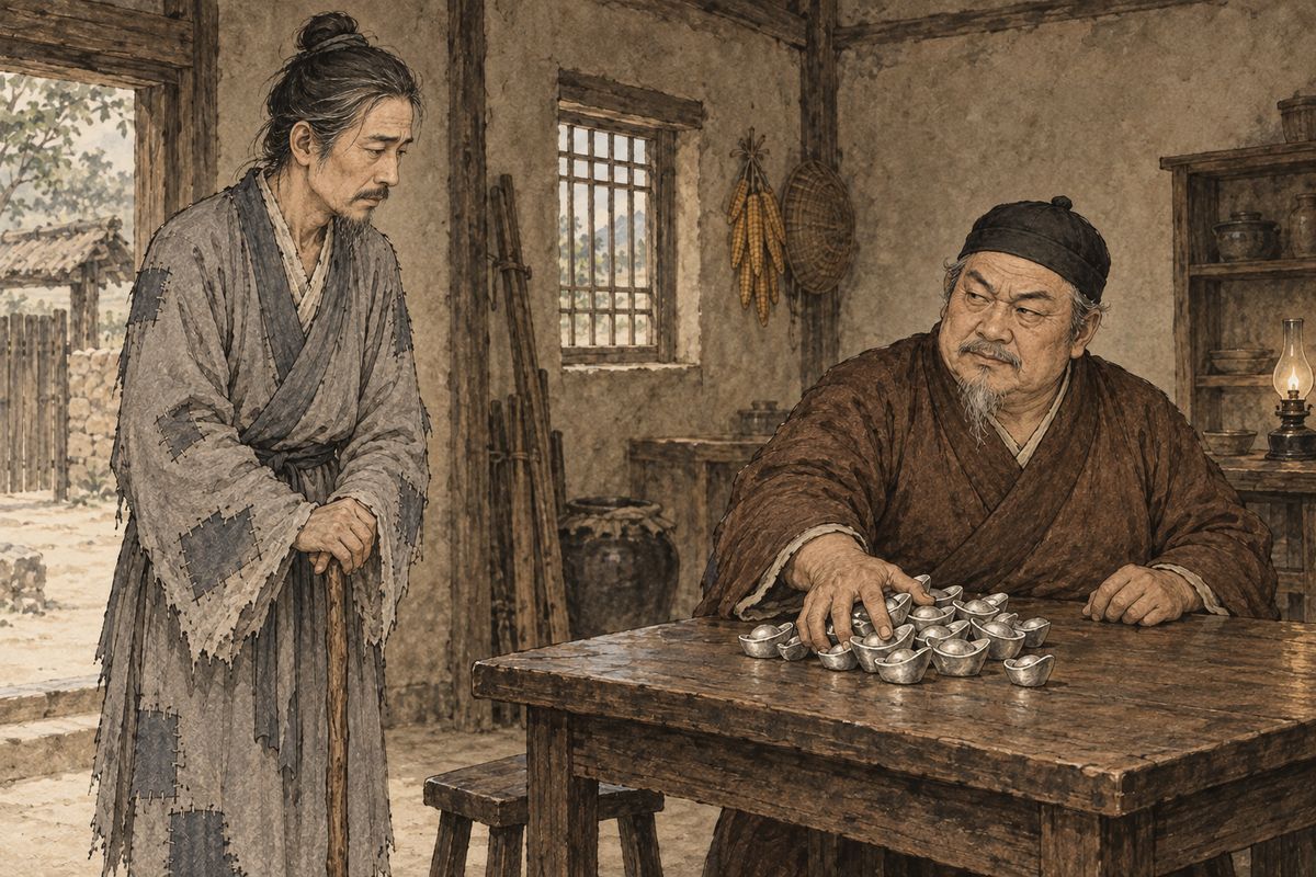 Shiyin took his wife and two maids to her father, Feng Su, a well-off farmer, and trusted him with the silver he had left to buy land. Feng Su cheated him with poor fields and a crumbling house, then told everyone his son-in-law was lazy. Poor, ill and bitter, Shiyin began to look like a dying man.