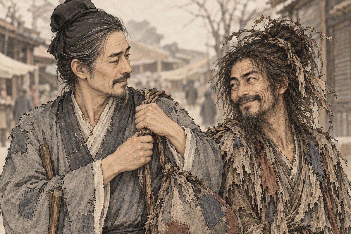 One day, hobbling on a stick in the street, Shiyin met a lame Taoist in rags singing that fame, wealth, wives and children are all forgotten in the end. 'Won means done, and done means won,' he said. Shiyin understood at once and answered with his own verses on the song. Then he took the Taoist's bag on his shoulder and walked off with him for good.