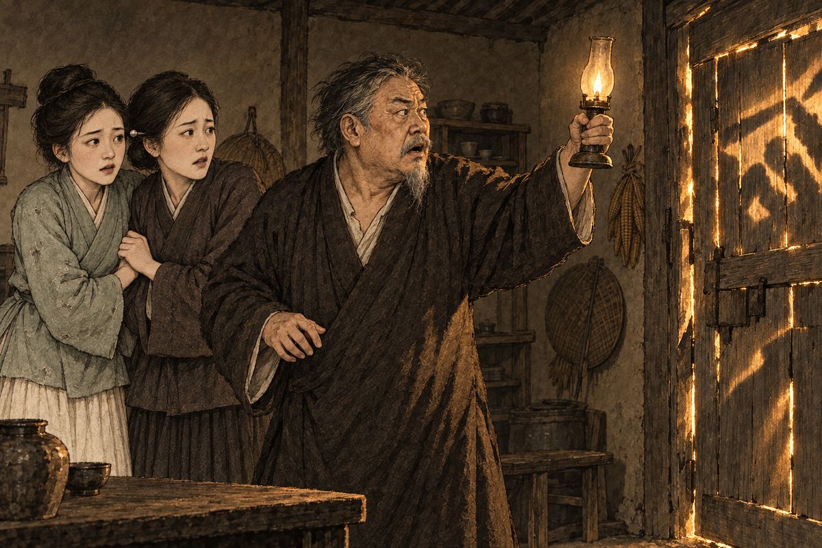 Mrs Feng wept herself nearly to death, then lived by needlework with two old maids while Feng Su grumbled. One day the elder maid, buying thread at the gate, watched the new prefect's sedan pass and thought his face oddly familiar. That night fists pounded on the door: 'The prefect's men are here to take someone for questioning!' Feng Su stood struck dumb with fear.
