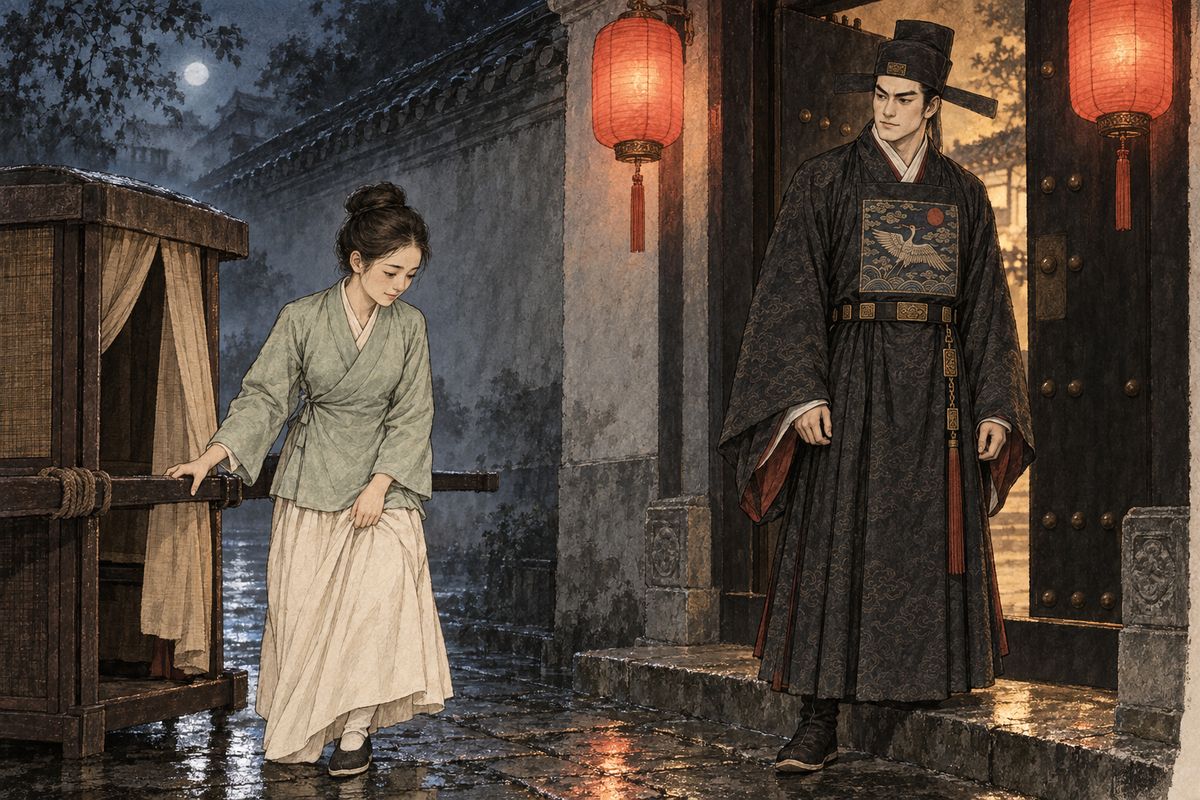 Soon after taking office as prefect, Jia Yucun remembered the maid who had once looked back at him. He sent silver and silks to the Zhen household, and Feng Su gladly arranged the match. One night a single small sedan carried Jiaoxing to his gate. Within a year she bore him a son, and when his wife died she became his lawful wife.