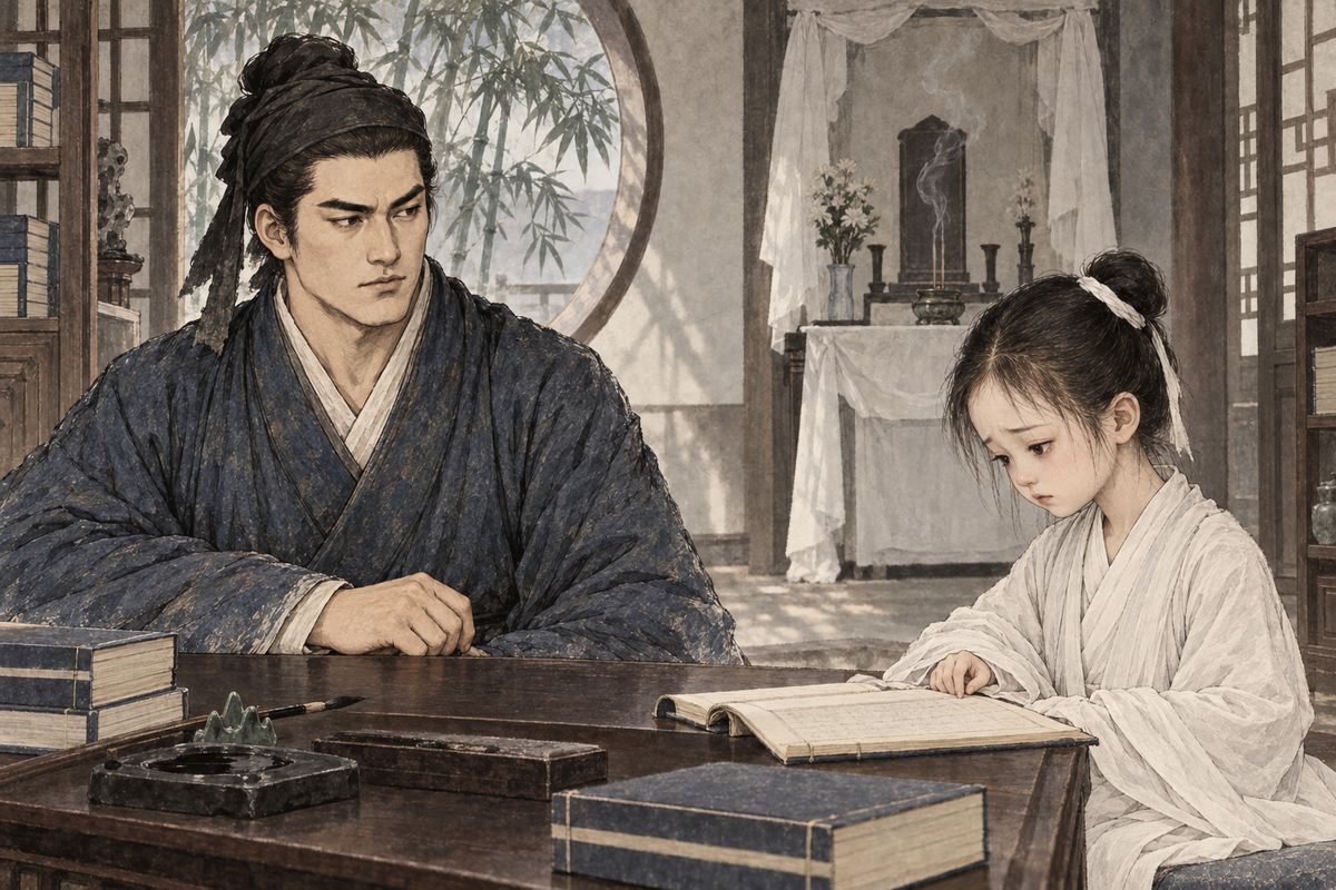 Clever but greedy and arrogant, Yucun was dismissed within a year, and he left smiling as if nothing had happened. Travelling to Yangzhou, he became tutor to Lin Ruhai's only child, the frail five-year-old Daiyu. A year later her mother, Lady Jia Min, died. Daiyu nursed her, mourned until she fell ill, and came to lessons in white.