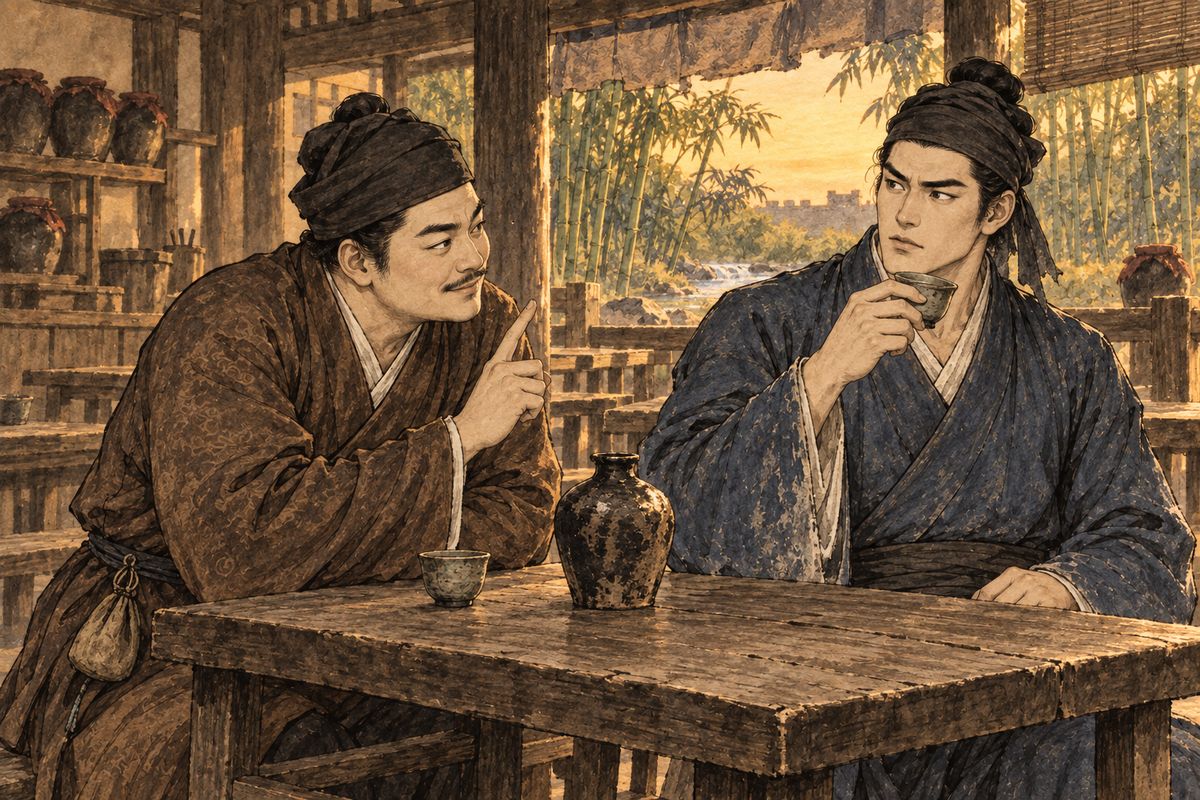 While Daiyu was too ill for lessons, Yucun wandered to a country tavern and met Leng Zixing, an antique dealer from the capital, who knew all about the great Jia mansions. The two houses still looked grand, Zixing said, but they spent without limit and no one planned ahead. "The outside still stands, but the inside is running dry."