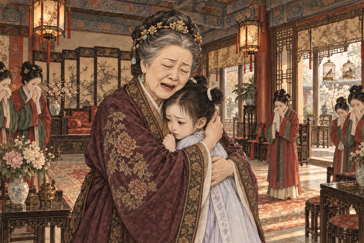 In the hall a silver-haired old lady came forward, supported by two maids. Before Daiyu could kneel, Grandmother Jia pulled her into her arms and wept aloud, calling her 'my heart, my darling'. Every servant in the room hid their face and cried. Of all her children, the old lady said, she had loved Daiyu's mother best.