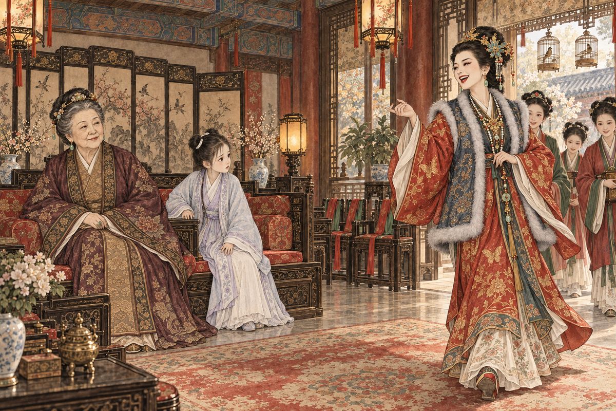 The room was hushed with respect until laughter rang out from the back: "I'm late, I missed welcoming our guest!" A glittering young woman swept in with her maids. The old lady called her 'Phoenix the Hot Pepper'. This was Wang Xifeng, Jia Lian's wife, who held Daiyu's hand, praised her beauty, wept for her mother, then smiled again in a flash.
