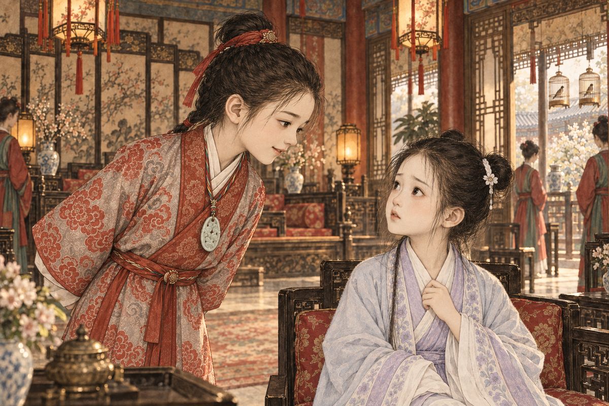 Lady Wang warned Daiyu about her son, 'the devil king of this world', and told her to ignore him. That evening footsteps sounded and Baoyu came in, the jade hanging at his neck. Daiyu started: his face was strangely familiar. Baoyu looked at her and laughed. "I've met this cousin before." He would treat it, he said, as a reunion after a long parting.