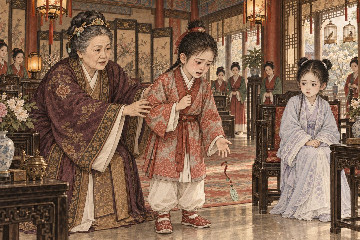 Then Baoyu asked whether she had a jade too. When Daiyu said such a rare thing could not belong to everyone, he tore the jade off and threw it down. "I don't want this nuisance!" Everyone rushed for it. Grandmother Jia held him and gently lied that Daiyu's jade had been buried with her mother, then tied the jade back on him herself.