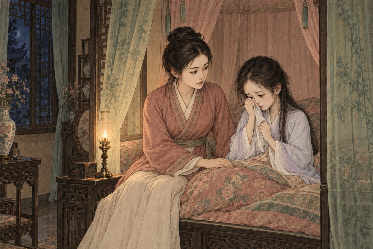 That night Daiyu was given the green gauze closet, with Baoyu sleeping just outside. His maid Xiren found her still awake and in tears. "I've only just come, and already I've set off his mad fit," she wept. Xiren sat on the bed's edge and told her gently not to take it to heart; there would be stranger scenes than this.