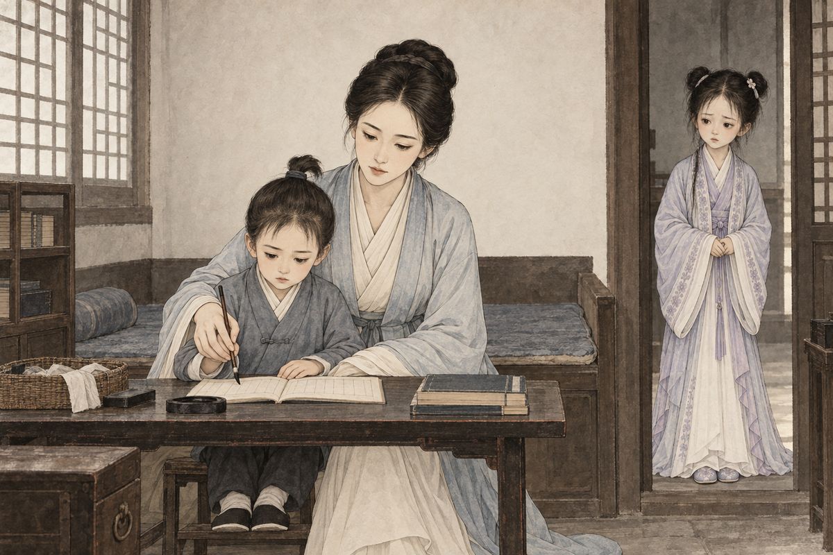 While Lady Wang heard news of a manslaughter charge against her sister's family, the girls slipped away to the rooms of Li Wan, widow of Baoyu's late brother Jia Zhu. Raised on 'a woman without talent is virtuous', she lived like withered wood and cold ash, caring only for her five-year-old son, Jia Lan, and the girls' needlework.
