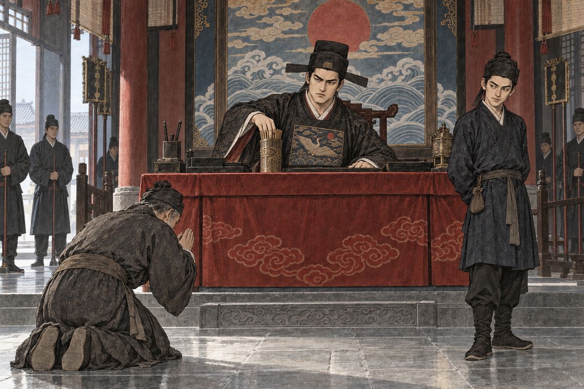 In Jinling, the newly appointed prefect Jia Yucun took up a year-old murder case. Two men had bought the same slave girl from a kidnapper; the Xue family's servants had beaten the rival buyer, Feng Yuan, to death. Yucun angrily reached for warrants to seize the killer's clan, until a gatekeeper by the bench caught his eye and warned him off.