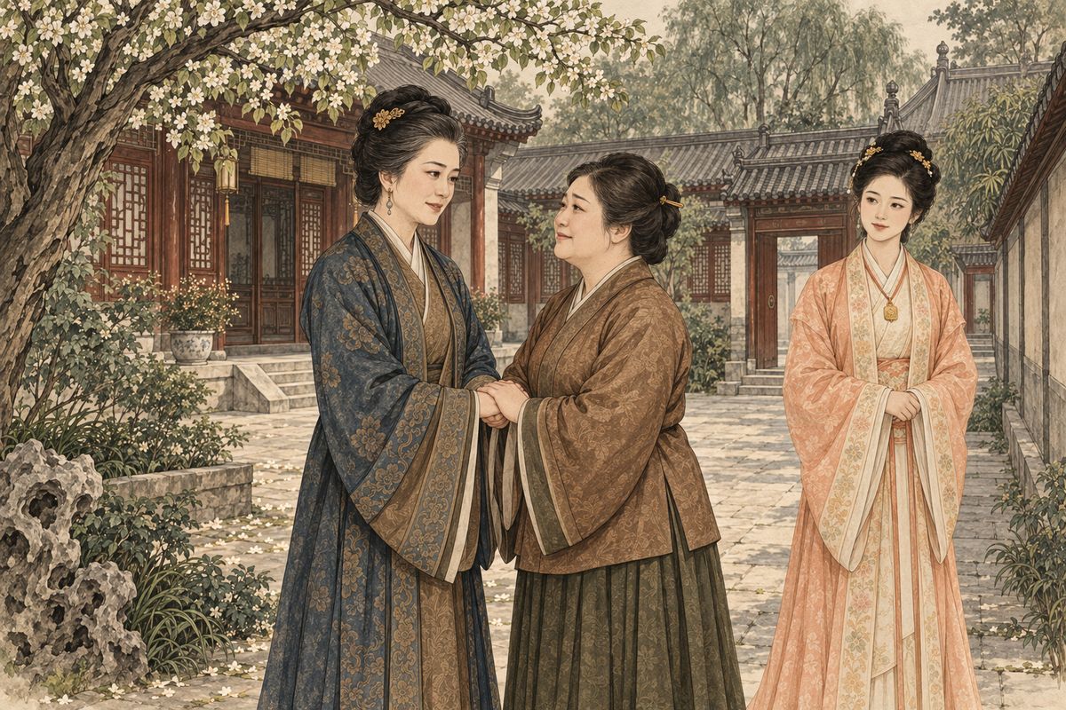 Untroubled by the killing, Xue Pan had already taken his mother and his sister Baochai to the capital. Lady Wang welcomed her sister with tears and laughter, and at Jia Zheng's wish the family settled in Pear Fragrance Court, a quiet corner of the Rong mansion. Aunt Xue insisted on paying their own way.