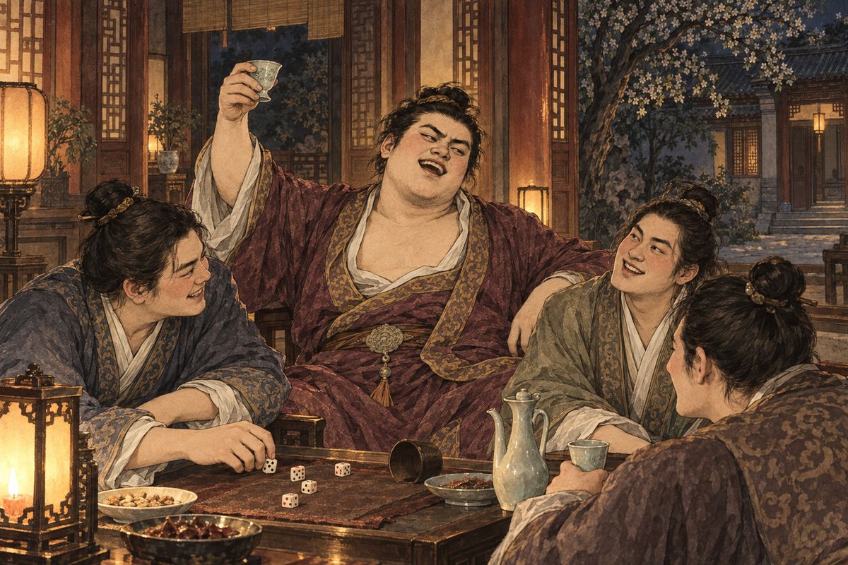 Xue Pan meant to move out, but within a month he had befriended the idlest young men of the Jia clan. Through Pear Fragrance Court's street gate they came and went for wine, flowers, gambling and worse, and he grew ten times worse than before, until he forgot all thought of leaving.