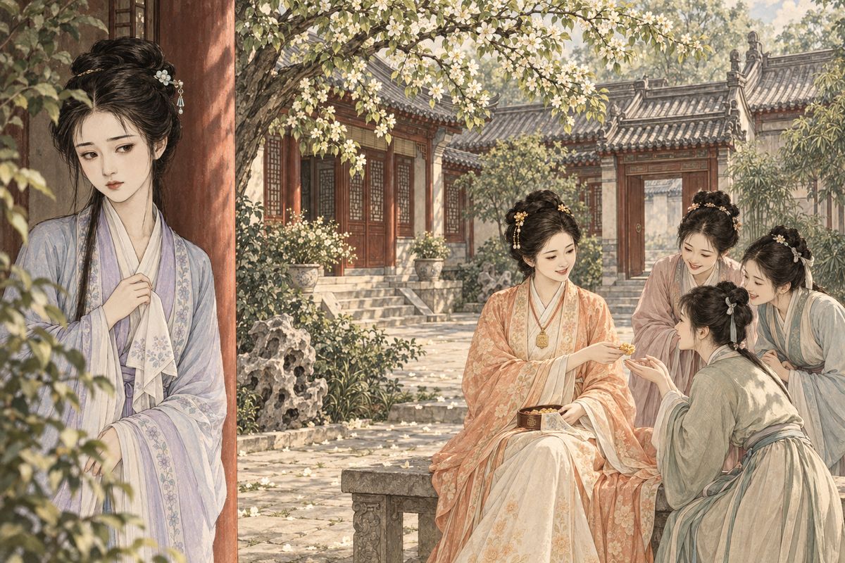 Soon after Xue Baochai arrived, the household warmed to her. She was easygoing, tactful and generous, and even the little maids would rather play with her than with the aloof Lin Daiyu. Daiyu felt a quiet, bitter resentment that Baochai never noticed. Baoyu treated all his cousins alike, but he was closest to Daiyu, so the two of them quarrelled now and then.