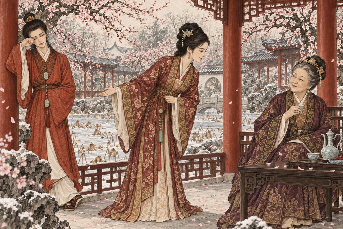 When the plum trees flowered in the Ning mansion's Garden of Concentrated Fragrance, You-shi invited Grandmother Jia and the other ladies to a family party. Baoyu grew drowsy and wanted a nap. Jia Rong's wife, Qin Keqing, the old lady's favourite among her great-granddaughters-in-law, stepped forward to look after him: 'Don't worry, Old Ancestress, just leave him to me.'