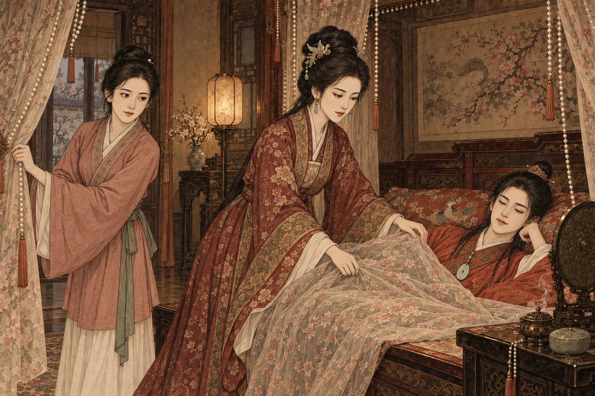 Baoyu refused the stately upper room, with its improving picture and couplet urging study. Keqing laughed and took him to her own bedroom instead, brushing aside a nurse's worry that an uncle should not sleep in his nephew's wife's room. A delicate sweet scent made his limbs go soft. He lay down among her rich furnishings, and Xiren and three other maids stayed to watch over him.