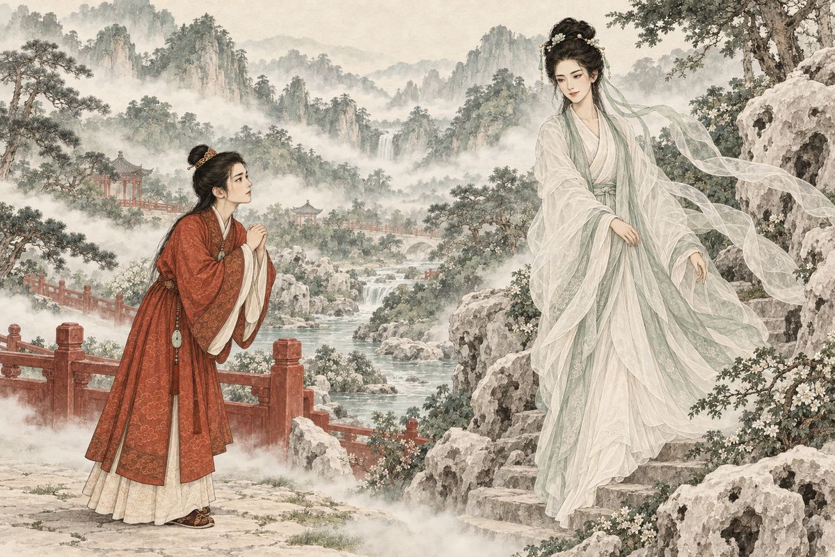 The moment Baoyu closed his eyes, he seemed to drift after Keqing into a land of red balustrades, white rocks and clear streams, where he thought he could happily spend his whole life. A woman's song rang out behind the hills, and a fairy of unearthly grace appeared. She introduced herself as Jinghuan, the Fairy of Disenchantment, keeper of the world's debts of love, and invited him into her realm.