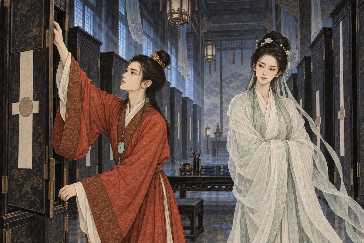 The side halls held offices of Infatuation, Resentment, Morning Tears and Autumn Sorrow. Baoyu begged to look inside, and Jinghuan finally let him into the Department of the Ill-Fated. Its sealed cabinets held the registers of women from every province. He went straight to his own province, Jinling, and found the Twelve Beauties of Jinling with a Supplementary and a Second Supplementary list.