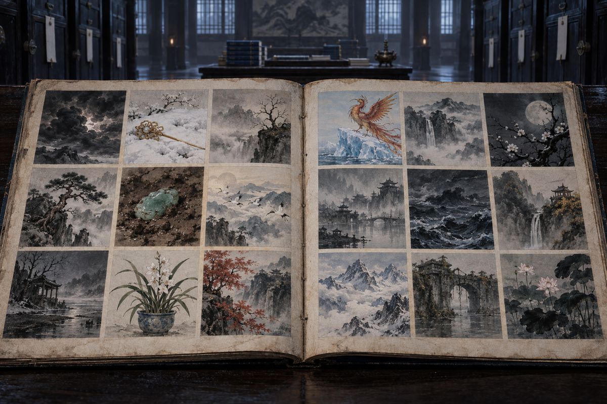 He opened one register after another. Each page held a strange picture and a few cryptic lines: dark clouds and mist, a dried-up pond under an osmanthus tree, a jade belt hanging in dead trees, a gold hairpin under snow, a jade fallen in the mud, a wolf lunging at a girl, a phoenix on an iceberg. He understood none of them.
