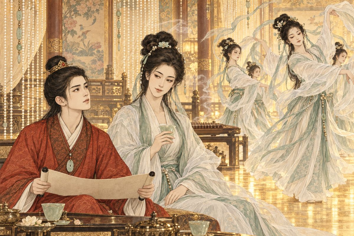 Fearing Baoyu might guess heaven's secrets, Jinghuan closed the books and took him to her palace. The spirits of the Ning and Rong dukes had begged her to awaken him. After fairy tea and wine, twelve dancers sang her new songs of the Dream of the Red Chamber while he followed the manuscript: 'At the dawn of chaos, who first sowed the seed of love?'