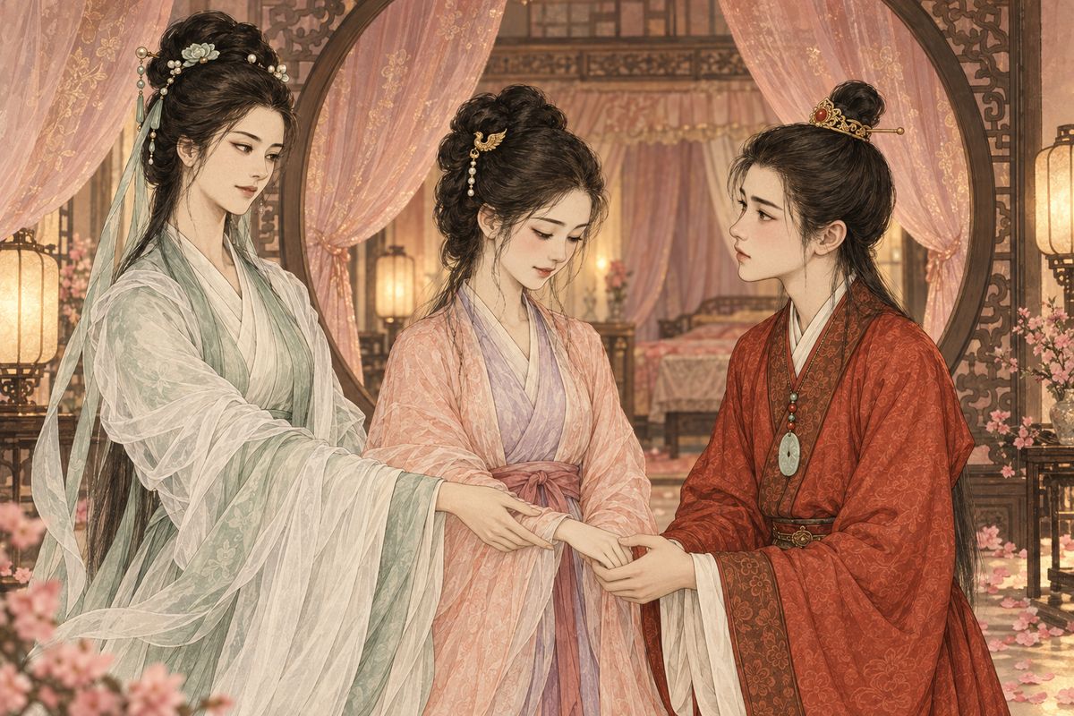 The songs were mournful, but Baoyu did not understand them. He stopped the singers and said he was drunk. Jinghuan sighed: 'The foolish boy still does not understand!' She led him to a fragrant chamber and introduced her sister Jianmei, also called Keqing, who resembled Baochai and Daiyu. Hoping he would turn to the classics after tasting illusion, she closed the door.