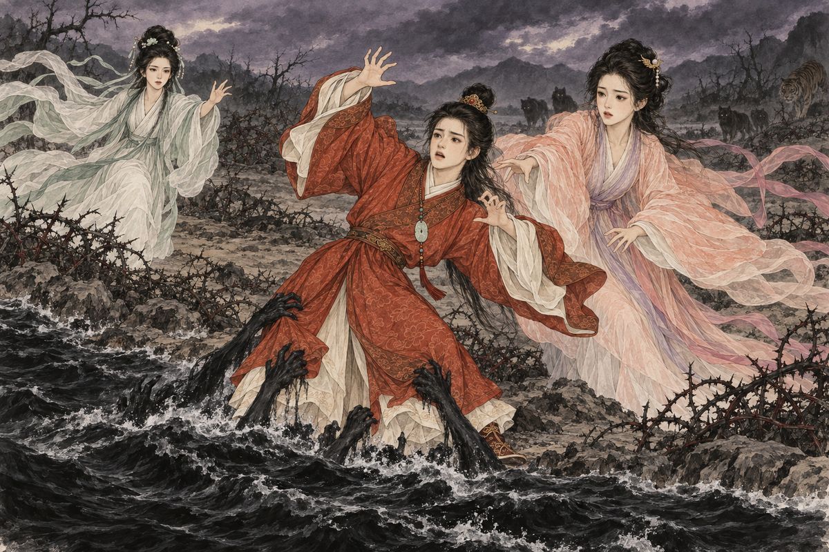 The next day the two lovers wandered hand in hand until thorns, wolves and tigers surrounded them and a black river blocked their way. Jinghuan ran after them, crying out that this was the Ford of Delusion, ten thousand feet deep and crossed by a single raft. Before she could finish, the water roared, and yakshas and sea-demons surged up to drag Baoyu under.