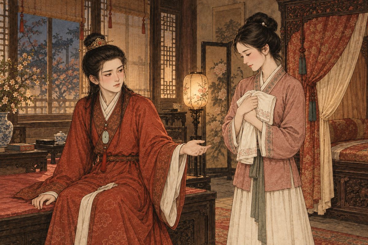 Baoyu woke from the dream in a daze. Helping him dress, Xiren found his clothes damp, guessed why, and blushed. That night he told her the whole dream and drew her into what the fairy had taught him. Xiren knew Grandmother Jia had already given her to him. From then on he treated her like no one else, and she served him more devotedly than ever.