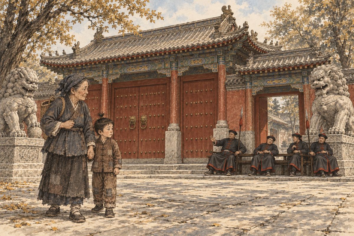 Far away in the country, the widow Grannie Liu lived with her son-in-law Gou'er, and winter was coming with nothing laid in. Her family had once claimed kinship with the Wangs, so she took grandson Ban'er to the city to beg. At the Rong mansion's stone lions, gatemen ignored her and sent her to wait by the wall. An old man finally directed her to the back gate.