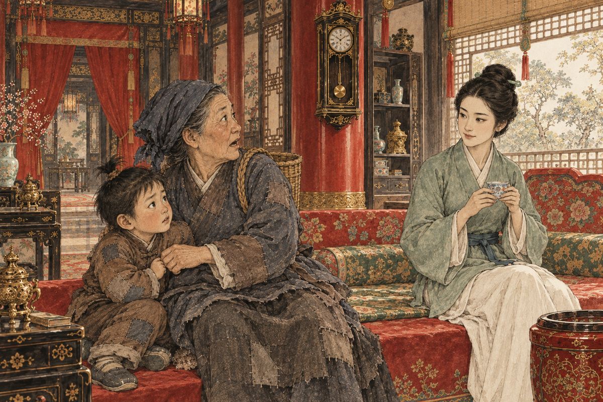 Zhou Rui's wife, who owed Gou'er's family a favour, led them into Xifeng's apartments, where the finery made Grannie Liu's head swim. She took the silk-clad, gold-pinned Ping'er for the mistress, until she heard her called 'Miss Ping', a mere maid. Then a box on a pillar began knocking and swinging, and suddenly struck like a temple bell, making her jump.