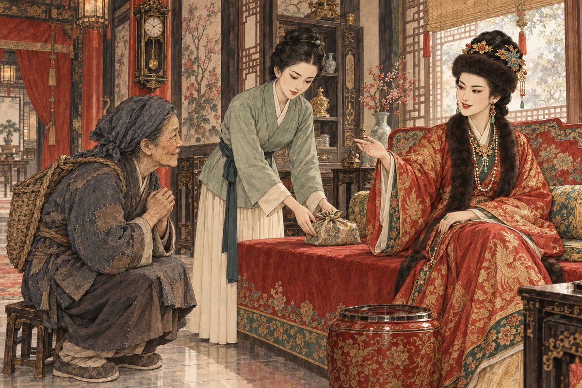 At last Xifeng received her, slowly poking the ashes in her hand-warmer. Grannie Liu stammered that her family had nothing to eat. Xifeng spoke of the great house's hidden hardships, making the old woman's heart sink. Then she had Ping'er bring twenty taels meant for the maids' winter clothes, plus cash for a cart. 'One hair from you is thicker than our waists!'