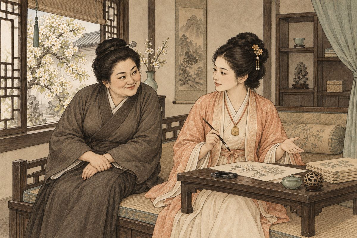 After seeing Grannie Liu off, Zhou Rui's wife went to report at Pear Fragrance Court and found Baochai drawing embroidery patterns. Her lingering ailment, Baochai explained, was eased only by a scabby monk's Cold Fragrance Pill. It needed white stamens from all four seasons, and rain, dew, frost and snow gathered on exact solar days, each weighed in twelves. The pills lay buried under the pear tree.