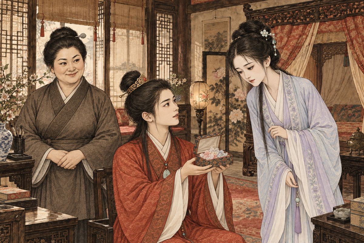Aunt Xue sent twelve palace gauze flowers for the girls. On her rounds Zhou Rui's wife questioned the maid Xiangling, really the stolen Yinglian, who remembered neither her parents nor her home. Xichun laughed that she might shave her head and become a nun. Last came Daiyu, who was playing with Baoyu. She said coldly that nobody gave her anything until the others had taken their pick.