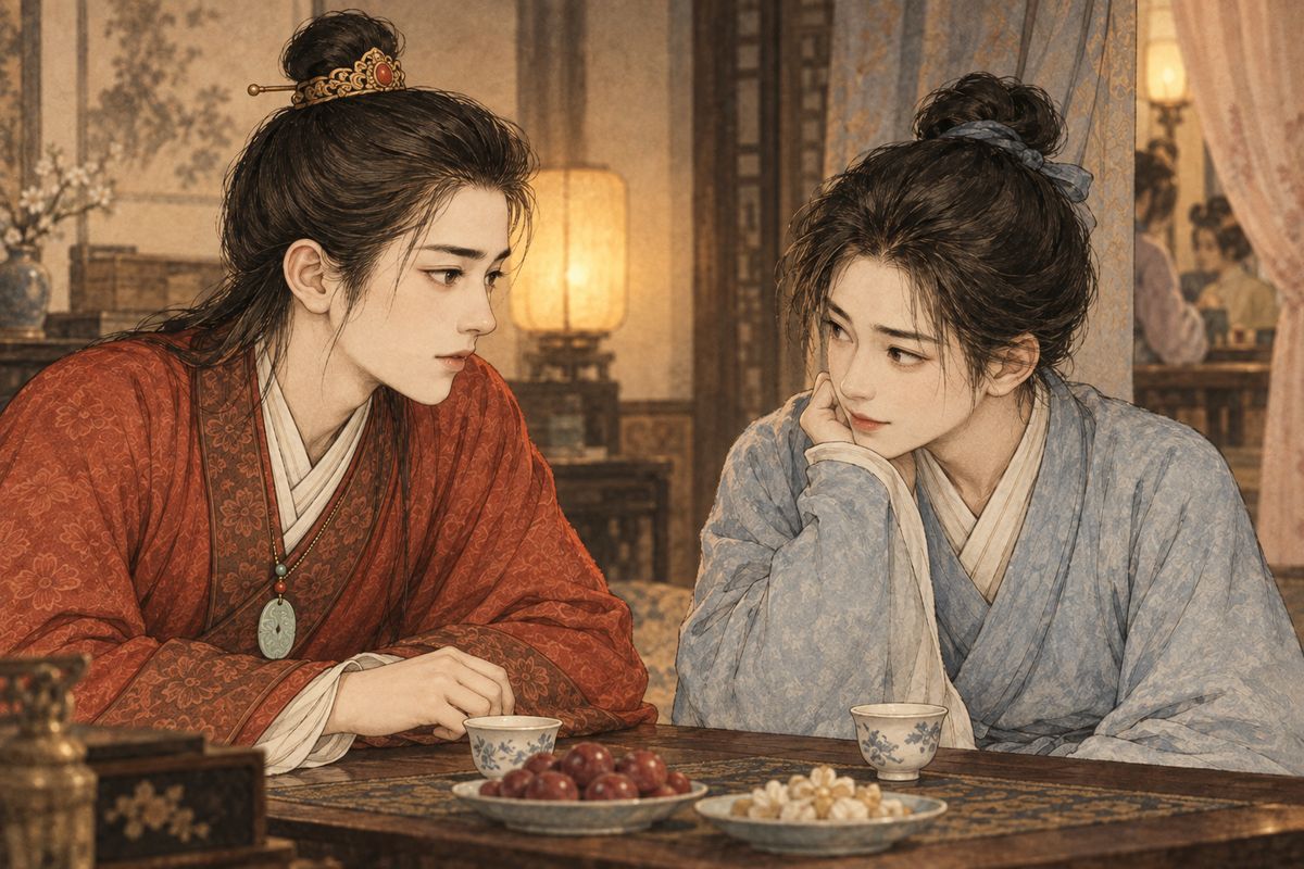 Next day Baoyu went with Xifeng to the Ning mansion, and Keqing brought in her younger brother Qin Zhong, shy, handsome, and from a poor scholar's family. Each envied the other's lot. Beside him, Baoyu thought himself 'a mud pig, a mangy dog.' After a few words they felt like old friends, and agreed to study together at the clan school.
