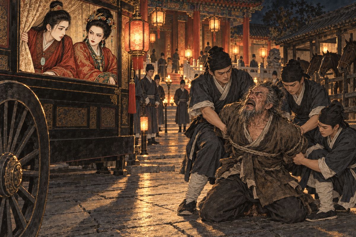 At nightfall the old servant Jiao Da, who had carried the family's founder from a heap of corpses, was sent drunk to take Qin Zhong home. He cursed the stewards, Jia Rong, then roared the family's shame: 'Fathers crawling in the ashes!' The terrified pages tied him in the stables and stuffed his mouth with dirt and dung. When Baoyu asked what he meant, Xifeng silenced him.
