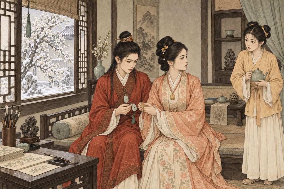 On a snowy afternoon Baoyu visited Baochai, who was getting over an illness at Pear Fragrance Court. She read the lines on his jade aloud. Her maid Yinger said they matched the words on her mistress's gold lock, and they did. When Yinger began, "A scabby-headed monk gave it—", Baochai cut her off and sent her for tea.