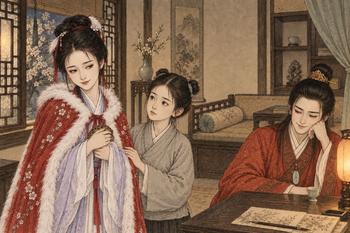 Daiyu came in and said that she had arrived at a bad time. Over Aunt Xue's wine, her little maid Xueyan brought a hand-warmer because Zijuan had sent it. Daiyu said Xueyan obeyed Zijuan faster than an imperial edict. Baoyu knew the jab was aimed at him, since he had just put down his cold wine on Baochai's advice.
