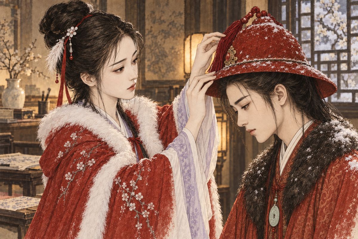 Nanny Li tried to stop the drinking by warning that Baoyu's father might test him on his books. Daiyu mocked her into giving up, and she went home. At dusk a maid jammed Baoyu's red felt hat on too roughly. Daiyu called him over, straightened it herself, tucked the brim in and lifted the crimson tassel. "There," she said. "Put your cape on."
