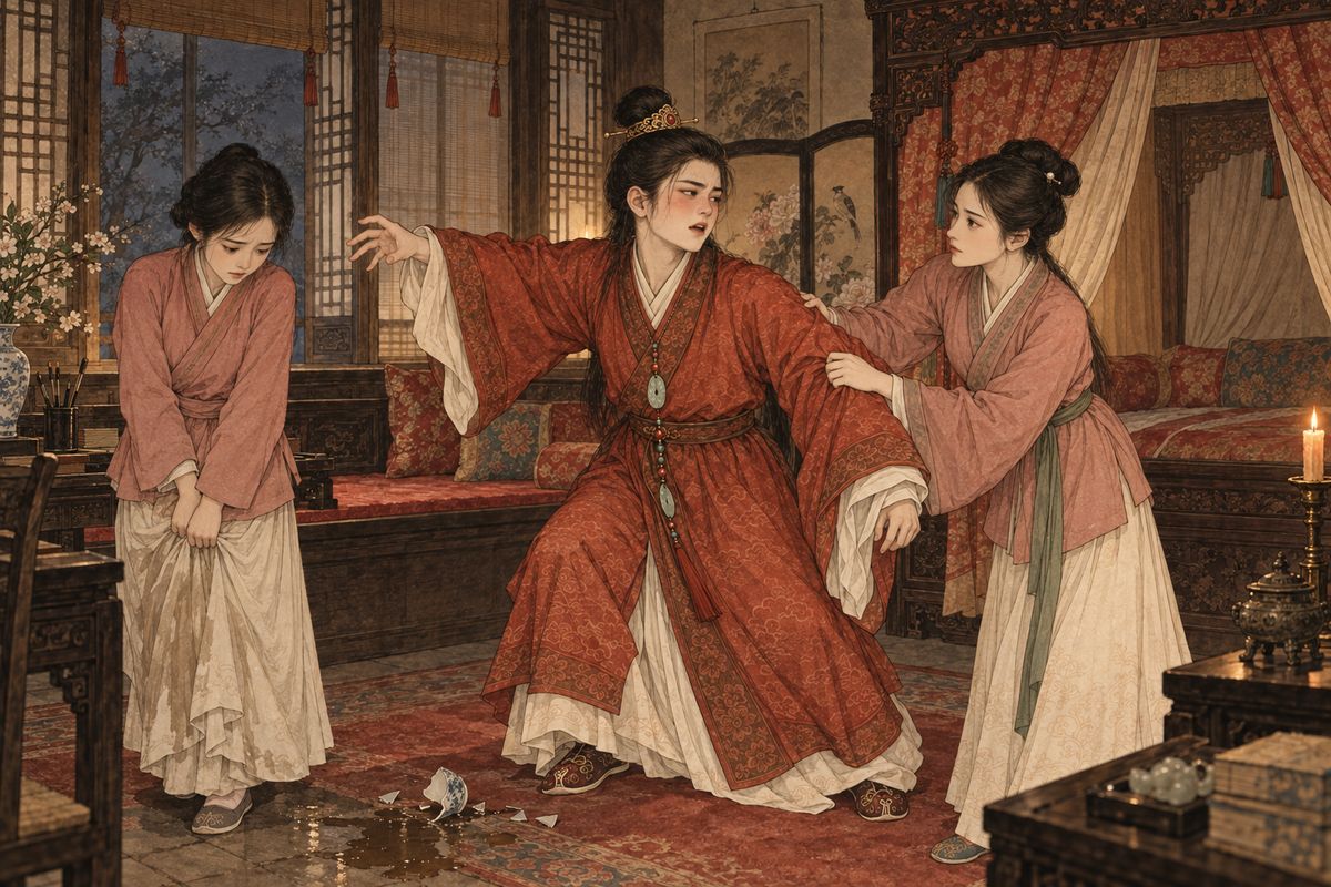 Back in his room and still drunk, Baoyu found out that Nanny Li had taken the dumplings he had saved for Qingwen and drunk his maple-dew tea. He hurled his cup to the floor, splashing the maid Qianxue, and shouted that his wet nurse should be thrown out. Xiren had only been pretending to sleep. She got up and calmed him, offering to be sent away as well.
