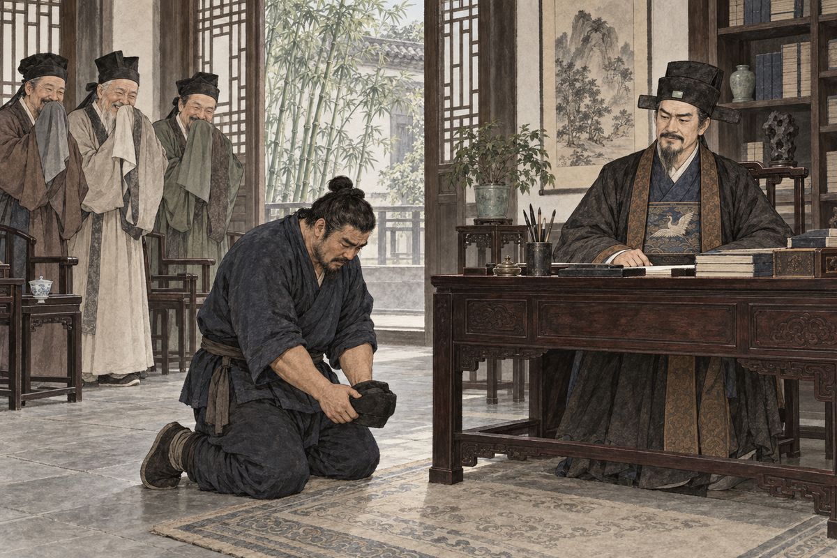 Qin Zhong came to pay his respects, and the two boys set off for the clan school together. Jia Zheng asked what Baoyu had actually learned. The servant Li Gui knelt and said he had reached the third book of the Book of Songs: "'Yoo-yoo the deer cry, lotus leaves and duckweed.'" The garbled line made the whole study laugh, and even Jia Zheng laughed.
