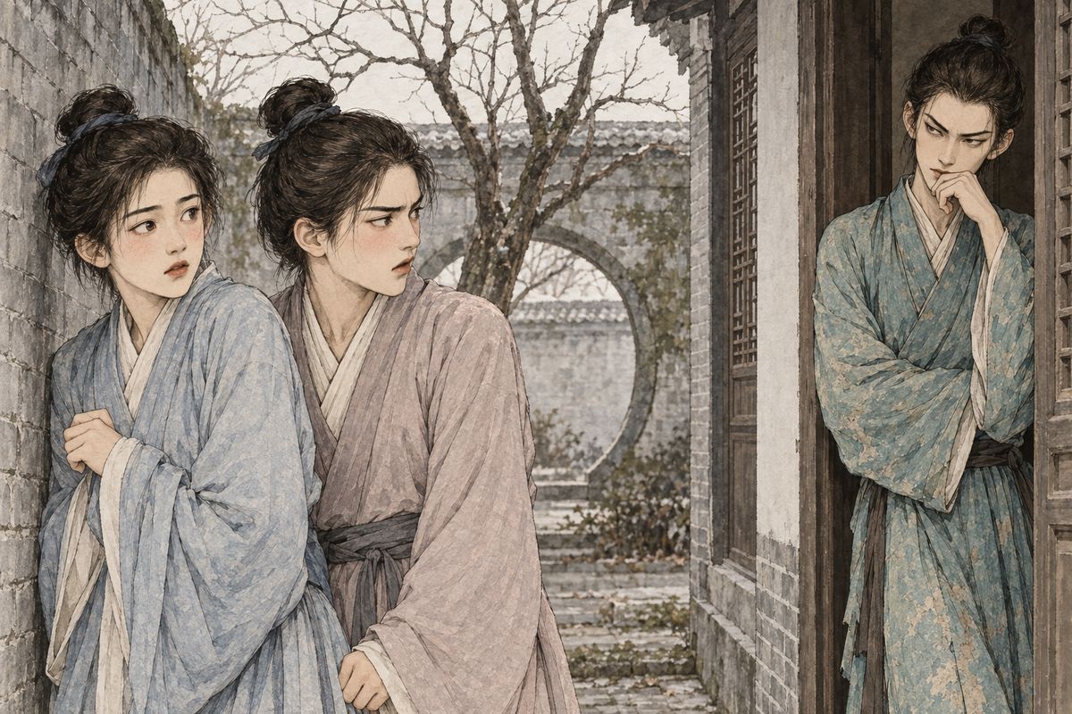 At school, Baoyu and Qin Zhong were inseparable and good-looking, and that started gossip. One day the master was away and Jia Rui was left in charge. Qin Zhong slipped into the back yard to talk with a pretty schoolmate nicknamed Xianglian. Jin Rong, whom Xue Pan used to favour, coughed behind them. He crowed that he had caught them, then spread lewd stories around the classroom.