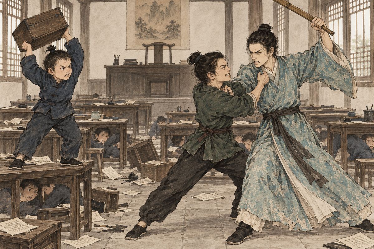 Jia Qiang quietly set Baoyu's page Mingyan on Jin Rong, and the schoolroom erupted. An inkstone flew. Little Jia Jun hurled a book box. Jin Rong swung a bamboo board and grazed Qin Zhong's head, and the other pages charged in with a door bar and whips. Li Gui finally shouted everyone down, and Jin Rong was made to kowtow to Qin Zhong.