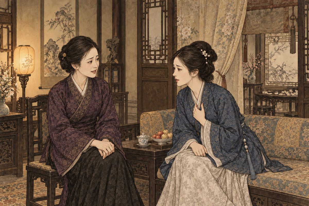 At home, Jin Rong's mother told him to swallow his pride, since the school fed him and Xue Pan's gifts helped the family. His aunt, Mrs Jia Huang, drove to the Ning mansion to complain anyway. There You-shi poured out her worry: Keqing was ill, and the school quarrel had upset her. Mrs Jia Huang's anger drained away, and she left without mentioning it.