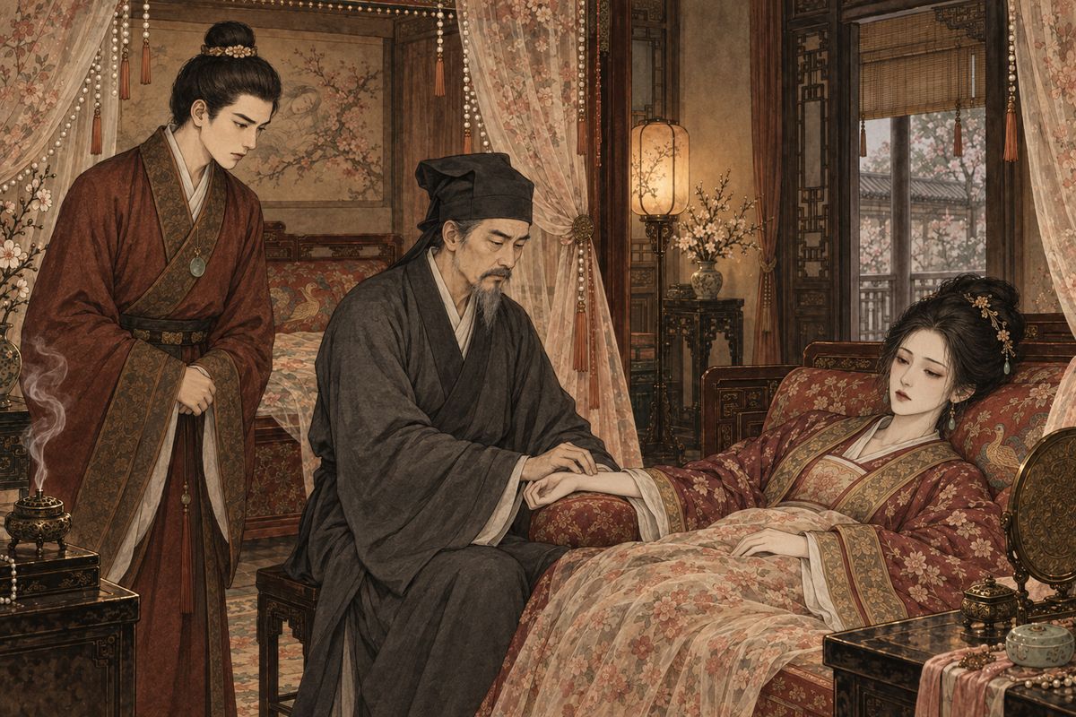 Jia Jing refused to come home for his birthday, so Jia Zhen ordered two days of feasting without him. He also sent for Dr Zhang, a learned friend of Feng Ziying. After taking Keqing's pulse, Zhang said she was "clever to a fault" and proud, and that constant worry had worn her down. Recovery would depend on fate, but if she lasted the winter, there was hope by spring.