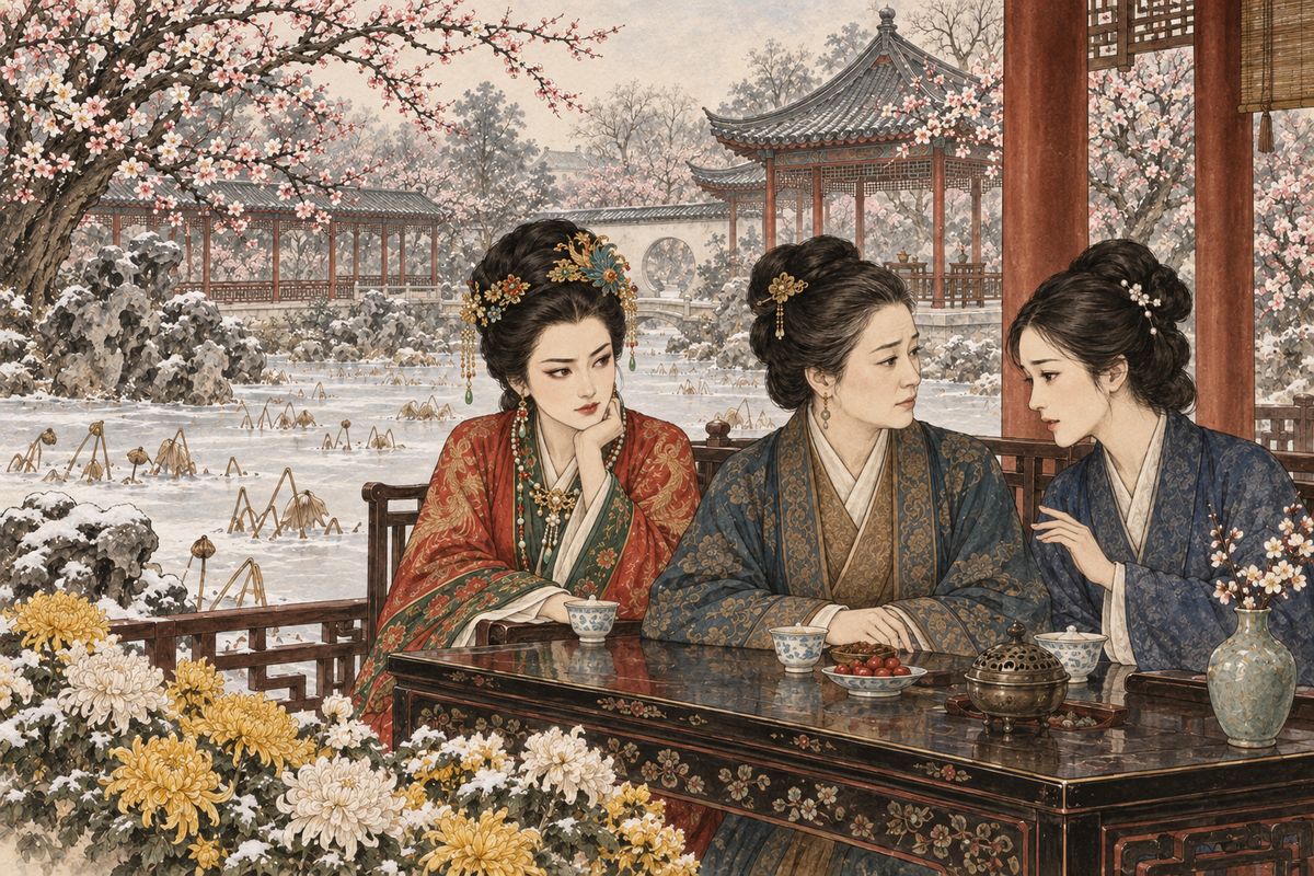 For Jia Jing's birthday the Ning mansion held a family feast and staged opera among the chrysanthemums, though Jia Jing himself stayed away at his Taoist temple. Grandmother Jia sent her apologies too. At the meal You-shi told the ladies that Keqing had been ill for weeks. The new doctor said she was not pregnant but gravely ill.