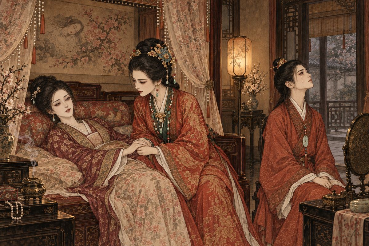 Xifeng and Baoyu went on to Keqing's room and found her wasted thin. She said she had never had a chance to repay everyone's kindness. "I doubt I will live out the year." Baoyu had been gazing at the Begonia painting, remembering his dream in that very room. He began to weep without noticing, until Xifeng sent him away so he would not upset her.