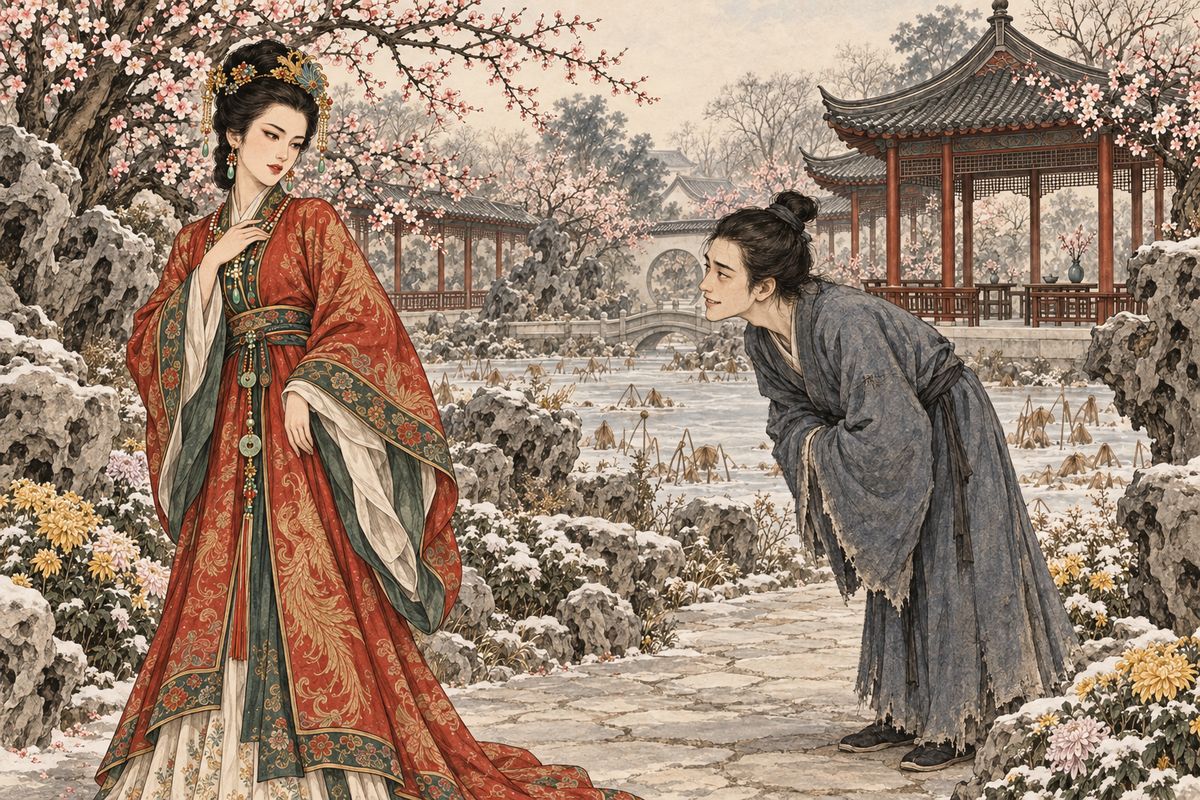 Taking the garden path back to the opera, Xifeng was startled by Jia Rui, a poor cousin of the clan, who stepped out from behind the rockery and stared at her greedily. She answered him with false warmth, and he went off looking back at every step. Alone, she promised herself: "One day he'll die by my hand, and then he'll know what I can do."