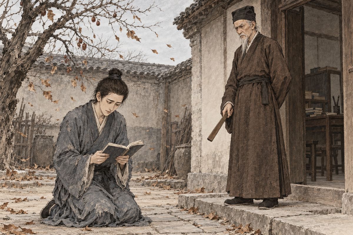 At dawn he ran home. His grandfather Jia Dairu, the strict old schoolmaster who had raised him, did not believe his story about staying at an uncle's. He gave him thirty or forty strokes and made him kneel hungry in the windy courtyard until he had made up ten days' lessons. Even then, Jia Rui never suspected that Xifeng had tricked him.